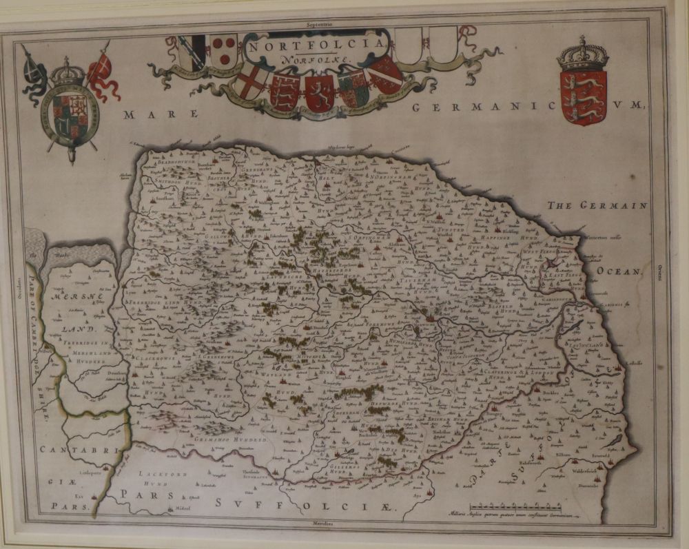 Coloured engraving, Map of Nortfolcia, Norfolke, 39 x 51cm